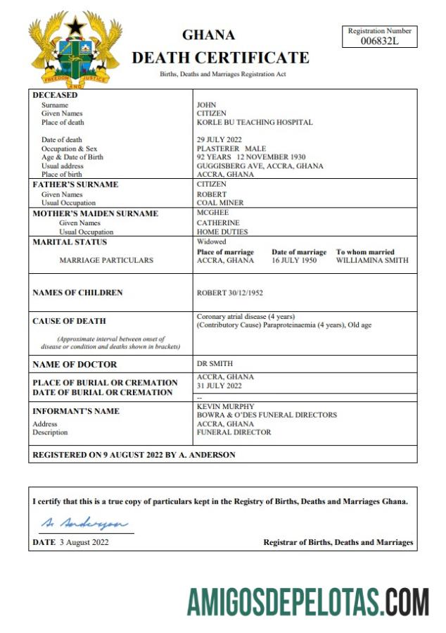 Imprimível modelo Word e PDF de certidão de óbito de registro vital de Gana